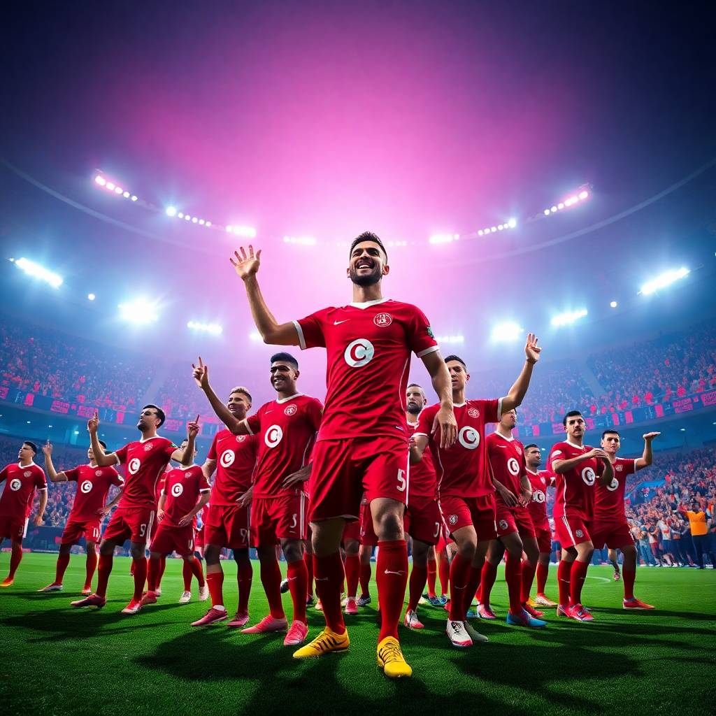 المنتخب التونسي في تصفيات كأس العالم 2026: التحديات والفرص 2 Bright vibrant colors epic lens glow lighting modern future grand scene massive scale heroic elements lively and energetic depicting the Tunisian national football team in the 2026 World Cup