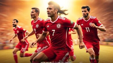 Dynamic motion warm golden glow blurred lines action poses radiant and luxurious depicting Tunisias national football team in 2026 World Cup qualifiers
