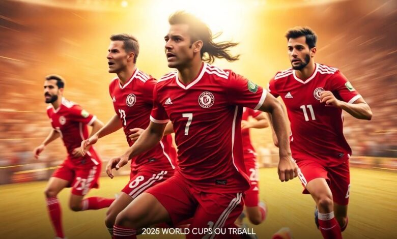المنتخب التونسي في تصفيات كأس العالم 2026: التحديات والفرص 1 Dynamic motion warm golden glow blurred lines action poses radiant and luxurious depicting Tunisias national football team in 2026 World Cup qualifiers