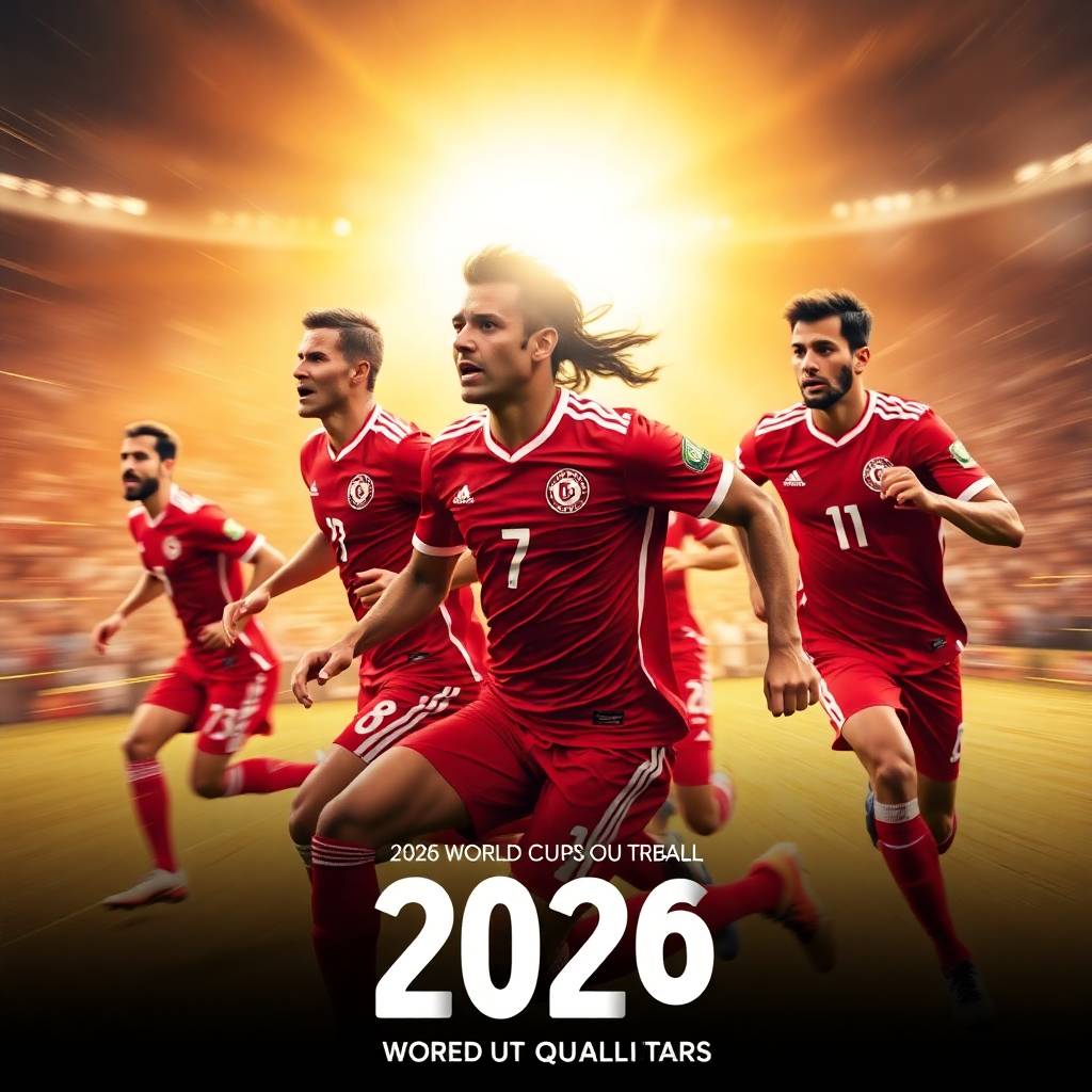 المنتخب التونسي في تصفيات كأس العالم 2026: التحديات والفرص 1 Dynamic motion warm golden glow blurred lines action poses radiant and luxurious depicting Tunisias national football team in 2026 World Cup qualifiers